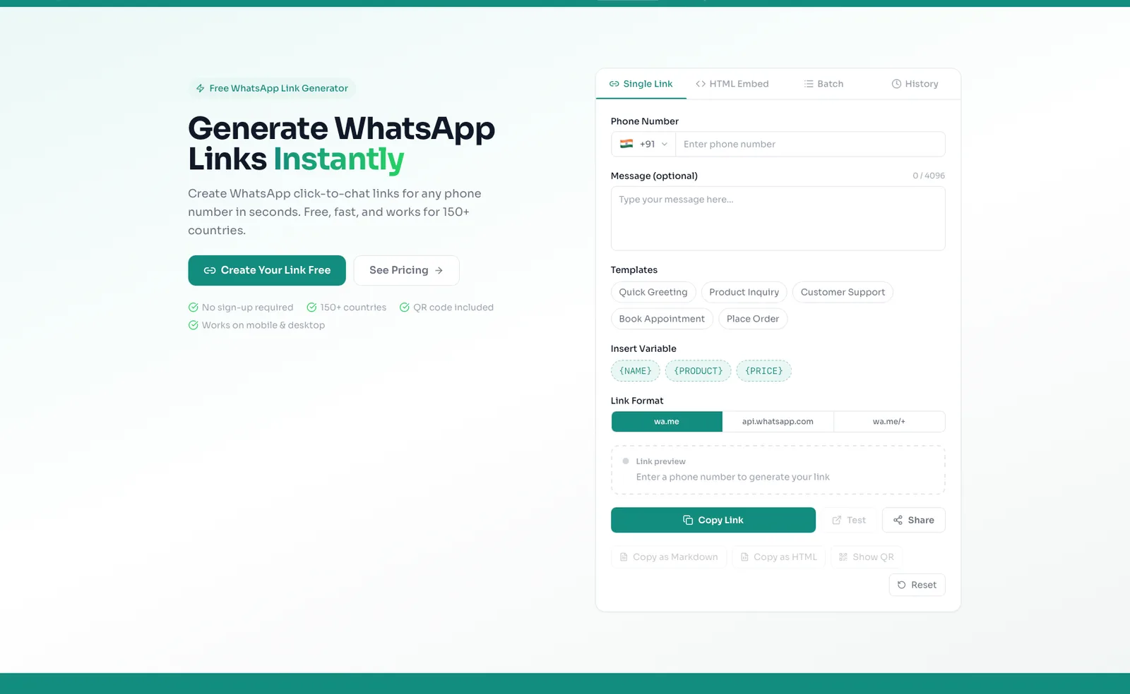 free WhatsApp link generator