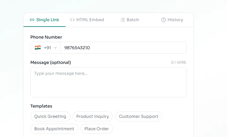 Locate the phone number input field in WhatsApp link generator. Enter your business phone number