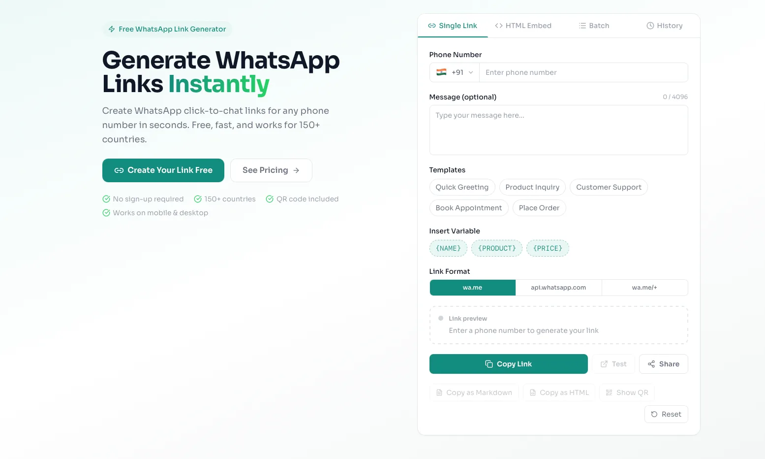 Open the free link generator tool. Navigate your web browser to the whatsp.app homepage