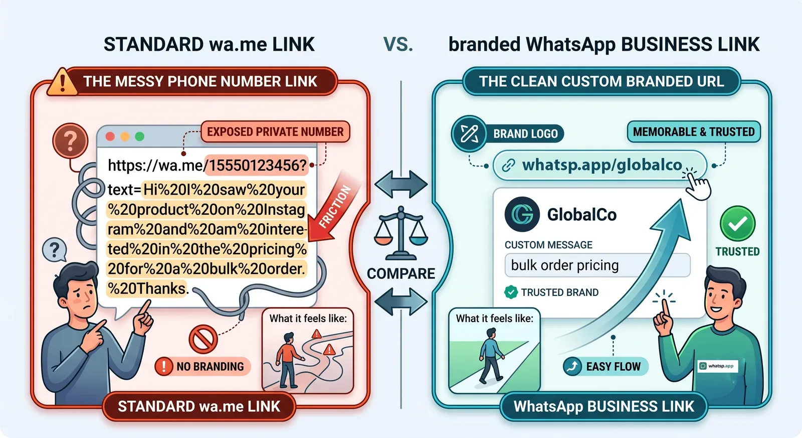 A clean digital interface showing a whatsapp link generator tool with custom text options." | Subject: A modern dashboard showing input fields for a phone number and a pre-filled message, showcasing the user interface of an online link creator tool.